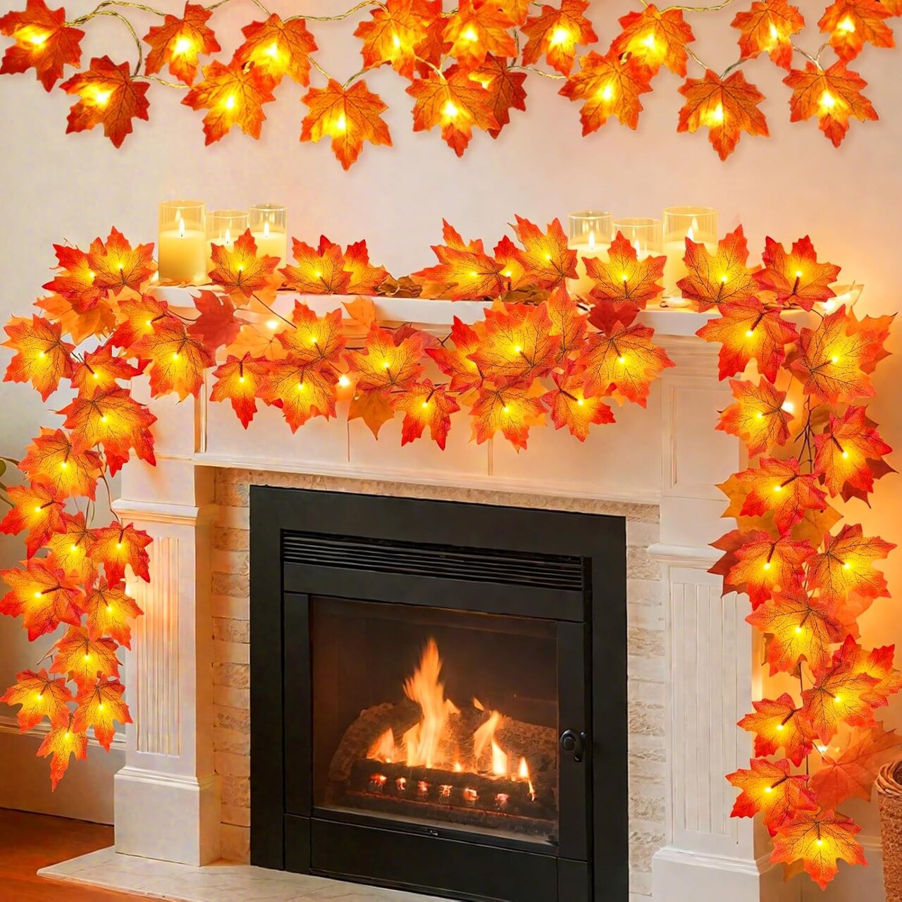 4-Pack 40FT Fall Garland with LED Lights – 80 LED Maple Leaves, Battery-Operated Thanksgiving & Autumn Decorations for Home, Indoor & Outdoor, Christmas Decor (Orange)